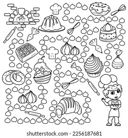 Puzzle for children. Labyrinth. Coloring the outline of the labyrinth through which you need to lead the baker to the oven. Coloring book for children.