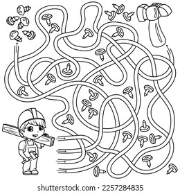 Puzzle for children. Labyrinth. Coloring the outline of the labyrinth, along which you need to lead the builder to the hammer. Coloring book for children.