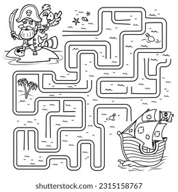 Puzzle for children. Labyrinth. Coloring the outline of the labyrinth in which you need to help the pirate find his way to the ship. Coloring book for kids.