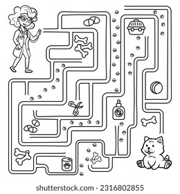 Puzzle for children. Labyrinth. Coloring the outline of a maze in which you need to help the vet find their way to the dog. Coloring book for children.