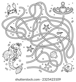 Puzzle for children. Labyrinth. Coloring the outline of the underwater world, in which the mermaid needs to be brought to the diadem. Coloring book for children.