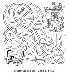 Puzzle for children. Labyrinth. Coloring the outline of a labyrinth in which you need to help a pirate find the way to a chest. Coloring book for children.