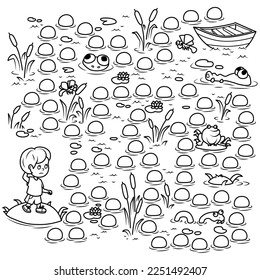 Puzzle for children. Labyrinth. Coloring page outline of the swamp through which the boy must be led. Coloring book for children.