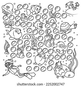 Puzzle for children. Labyrinth. We color the contour of the underwater world in which the scuba diver needs to be taken ashore. Coloring book for children.