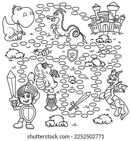 Puzzle for children. Labyrinth. We color the outline of the map along which you need to lead the knight to the castle of the princess. Coloring book for children.