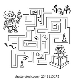 Puzzle for children. Labyrinth. You need to find the mummy's path to the sarcophagus. Coloring book for children