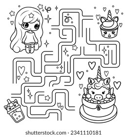 Puzzle for children. Labyrinth. You need to find the way for the girl to the cake. Coloring book for children