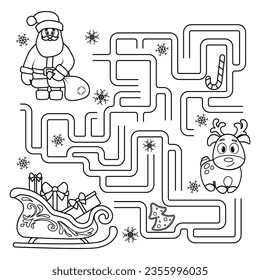 Puzzle for children. Labyrinth. You need to find Santa's way to Sleigh. Coloring book for children