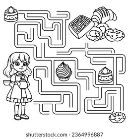 Puzzle for children. Labyrinth. You need to find the girl's path to sweets. Coloring book for children