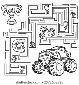 Puzzle for children. Labyrinth. You need to find the monster truck's path to the winners' cup. Coloring book for children