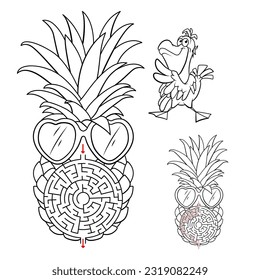 Puzzle for children. Vector illustration. You need to help the pelican find its way through the maze in the pineapple.