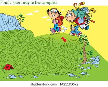 Puzzle with children who hike. You must find the right way in the maze and get to the camp.