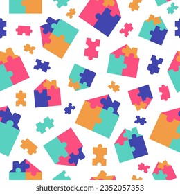 Puzzle city pattern. Buildings, architecture. Construction. Multi-colored pieces of the groove. Graphic vector. The background is seamless.