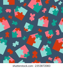 Puzzle city pattern. Buildings, architecture. Construction. Multi-colored pieces of the groove. Graphic vector. The background is seamless.