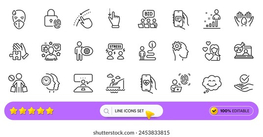 Puzzle, Cogwheel and Engineering line icons for web app. Pack of Safe water, Computer fingerprint, Approved pictogram icons. Influence, Interview job, Stats signs. Difficult stress. Search bar. Vector