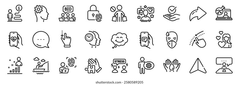 Puzzle, Cogwheel and Engineering line icons pack. Share, Message, Paper plane icons. Safe water, Computer fingerprint, Approved web icon. Influence, Interview job, Stats pictogram. Vector