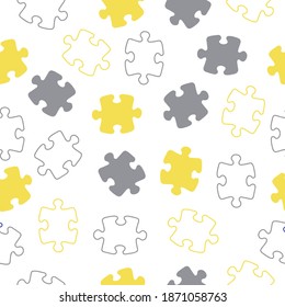 Puzzle color seamless pattern with 2021 colors (Ultimate Gray + Illuminating). Trend background for your design. Colorful puzzles vector background.