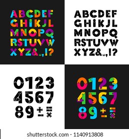 Puzzle colorful and black creative font. Flat design. Vector illustration. Isolated on black and white background