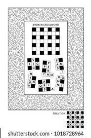 Puzzle and coloring activity page for grown-ups with word game (English) and wide decorative frame to color. Family friendly. Answer included.