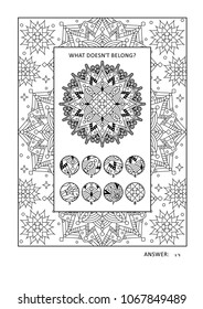 Puzzle and coloring activity page for grown-ups with visual logic puzzle and wide decorative frame to color. Family friendly. Answer included.