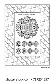 Puzzle and coloring activity page for grown-ups with visual logic puzzle and wide decorative frame to color. Family friendly. Answer included.