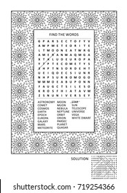 Puzzle and coloring activity page for grown-ups with themed word search puzzle (English) and wide decorative frame to color. Family friendly. Answer included.
