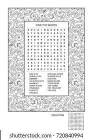 Puzzle and coloring activity page for grown-ups with themed word search puzzle (English) and wide decorative frame to color. Family friendly. Answer included.
