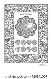 Puzzle and coloring activity page for grown-ups with visual logic puzzle and wide decorative frame to color. Family friendly. Answer included.
