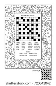 Puzzle and coloring activity page for grown-ups with criss-cross, or fill in, else kriss-kross word game (English) and wide decorative frame to color. Family friendly. Answer included.
