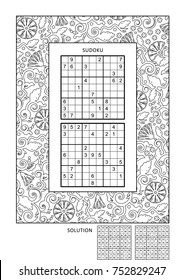 Puzzle and coloring activity page for grown-ups with two sudoku puzzles of comfortable level and wide decorative frame to color. Family friendly. Answer included.
