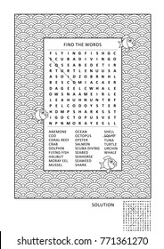 Puzzle and coloring activity page for grown-ups with sea life themed word search puzzle (English) and wide decorative frame to color. Family friendly. Answer included.