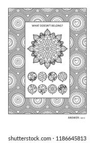 Puzzle and coloring activity page with visual logic puzzle and wide decorative frame to color. Answer included.