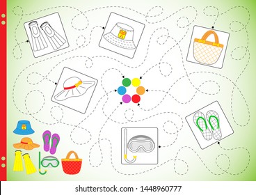 A puzzle and coloring game with a hint for children. The task is to go through the maze of dotted lines and find the color for the elements of summer. Worksheet for printing. Vector illustration