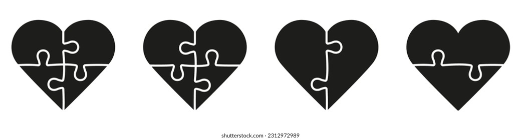 Puzzle Combination in Heart Shape Silhouette Icon. Jigsaw Pieces Match Together Glyph Pictogram. Greeting Card for Valentine's Day, Puzzle and Love Solid Sign. Isolated Vector Illustration.