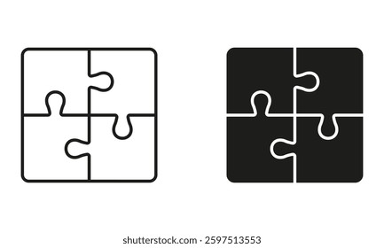 Puzzle, Combination Solution Line and Silhouette Icon Set. Jigsaw Square Pieces Match Pictogram. Teamwork, Idea, Challenge Logic Game Sign. Editable Stroke. Isolated Vector Illustration.