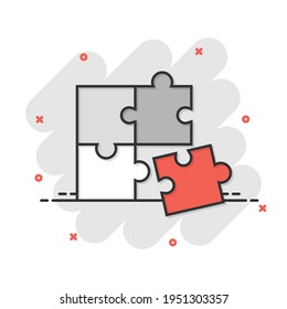 Puzzle compatible icon in comic style. Jigsaw agreement vector cartoon illustration on white isolated background. Cooperation solution business concept splash effect.