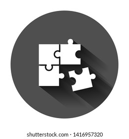 Puzzle compatible icon in flat style. Jigsaw agreement vector illustration on black round background with long shadow. Cooperation solution business concept.