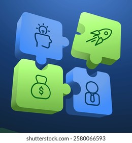 Puzzle Concept Illustration Featuring Teamwork And Business Strategy. Jigsaw Pieces with icons Representing Unity, Success, And Solutions. Perfect For Vector Design, Technology, Finance Communication.