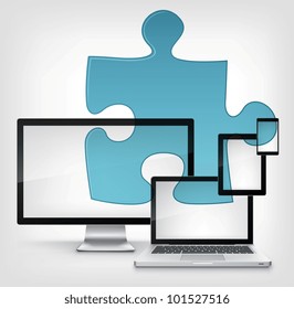 Puzzle Concept. Information Medium on Grey Gradient Background. Vector.