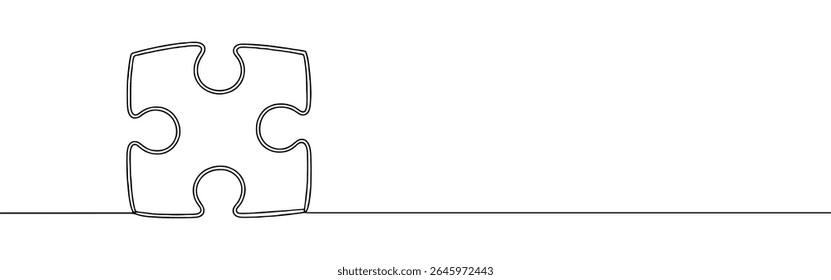 Puzzle continuous one line drawing. Jigsaw piece sign in simple linear style. Vector illustration.