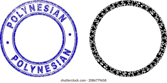 Puzzle contour circle mosaic icon with Polynesian seal. Blue vector round distress seal with Polynesian title. Abstract concept of contour circle icon made of puzzle pieces.