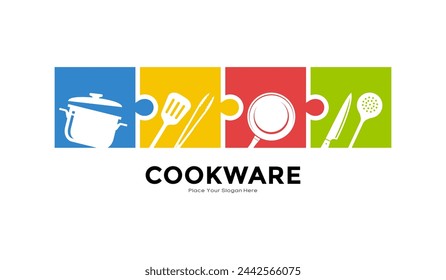 Puzzle cookware logo vector design. Suitable for business, food, culinari, kitchen utensils