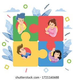 Puzzle cooperation concept. Working together. Solve problem. Vector and illustation
