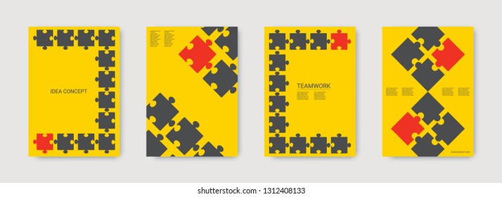 Puzzle covers. Annual report cover. Colorful flyer. Team connection idea. Office template. Layout in A4 size. Vector illustration template shape. Industrial engineering background design.