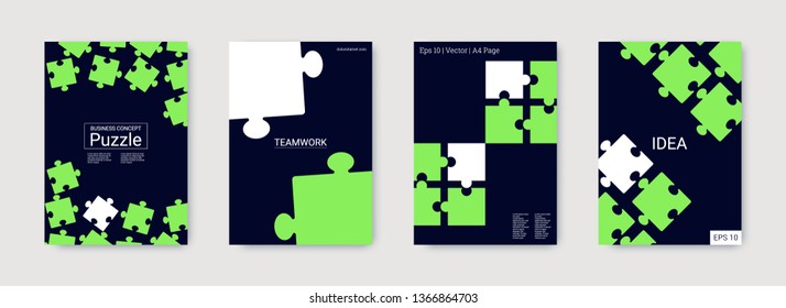 Puzzle covers. Annual report cover. Team connection idea. Office template. Layout in A4 size. Puzzles pieces. Stylish flyer. Industrial engineering background design.