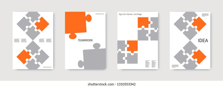 Puzzle covers. Bright flyer. Annual report cover. Team connection idea. Office template. Layout in A4 size. Puzzle business presentation. Industrial engineering background design.