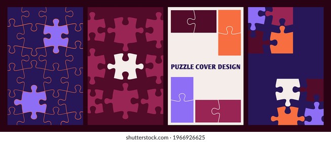 Puzzle covers. Business posters template, pieces puzzles complete. Cooperation or collaboration metaphor, teamwork vector background