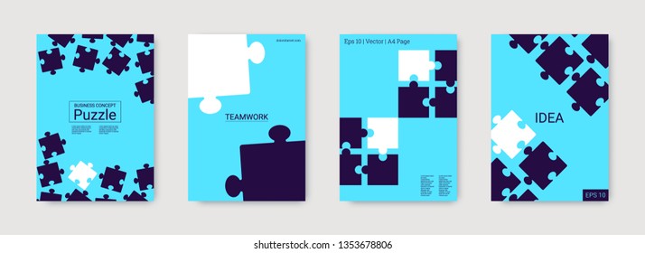 Puzzle covers. Colorful flyer. Team connection idea. Office template. Layout in A4 size. Banner presentation. Annual report cover. Industrial engineering background design.