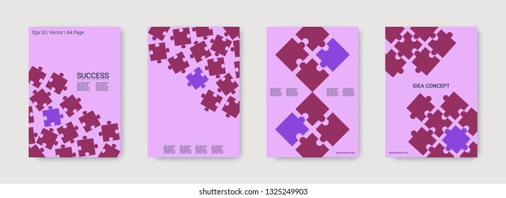 Puzzle covers. Minimal flyer. Annual report cover. Team connection idea. Office template. Layout in A4 size. Frame. Abstract rectangle puzzle background. Industrial engineering background design.
