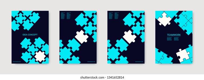 Puzzle Covers. Minimal Flyer. Annual Report Cover. Team Connection Idea. Office Template. Layout In A4 Size. Vector Illustration Puzzle For Web Design. Industrial Engineering Background Design.